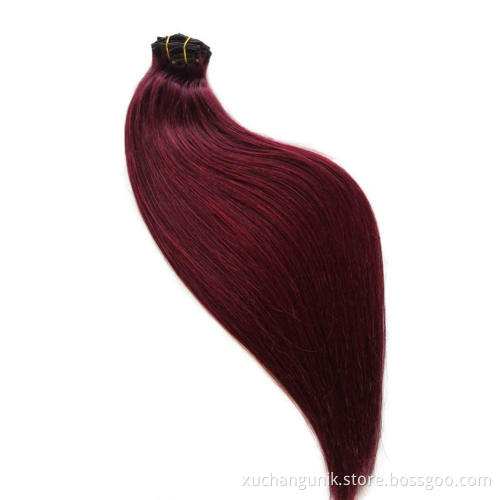 Uniky Wholesale thick bottom 24inch full head body wave 99j clip in human hair extension for fashion women